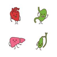 set di icone di colore dei caratteri degli organi interni umani tristi. cuore infelice, stomaco, fegato, cistifellea. sistema cardiovascolare e digerente malsano. illustrazioni vettoriali isolate