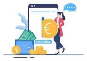 servizi di cambio valuta mondiale illustrazione di cartoni animati applicazioni di economia online per crittografia, euro, dollaro con codice di transazione vettore