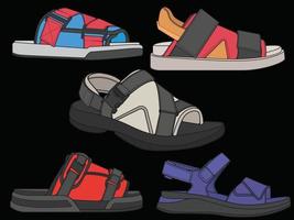 illustrazione stabilita di vettore del sandalo di modo con fondo nero. set estivo scarpa di sandalo cartone animato. calzature estive del fumetto dell'insieme isolato.