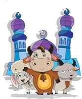 eid al-adha felice eid al-adha, cartoni animati di mucche, pecore e capre con una moschea sullo sfondo, attraenti vettori di cartoni animati adatti per poster, volantini e altri
