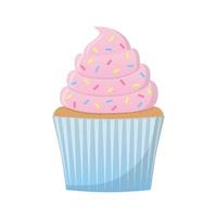 cupcake con crema rosa e confettini decorativi. illustrazione vettoriale a colori in stile piatto cartone animato. Isolato su uno sfondo bianco.