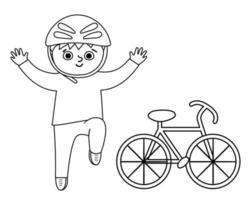 carino ragazzo bianco e nero in casco che salta di gioia con le mani in alto. bambino felice con la bicicletta. illustrazione del contorno del campo estivo di vettore. personaggio da campeggio con bici. icona della linea turistica. vettore