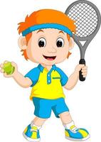 illustrazione di un ragazzo che gioca a tennis sull'erba vettore