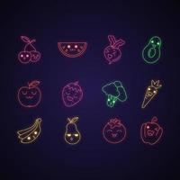 frutta e verdura simpatici personaggi kawaii al neon. anguria e banana con la faccia sorridente. barbabietola felice, avocado. emoji divertenti, emoticon, sorriso. icone luminose. illustrazione vettoriale isolato