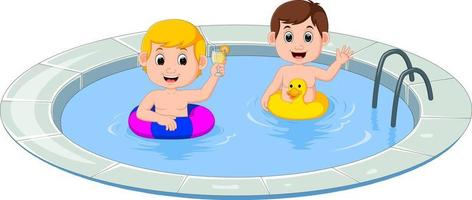 graziosi bambini che nuotano con il cartone animato cerchio gonfiabile vettore