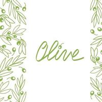 banner con oliva su sfondo bianco. un ottimo design per pubblicizzare il mercato dell'olio d'oliva, un'attività per negozi di alimentari. elementi disegnati a mano in uno stile piatto vettore