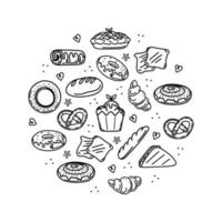 una collezione di prodotti da forno e pasticcini, elementi doodle disegnati a mano in stile schizzo. diversi tipi di pane, croissant, baguette, focaccine, muffin, muffin. vettore sagome carine su sfondo bianco