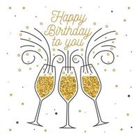 Buon compleanno. francobollo, distintivo, adesivo, carta con bicchieri di champagne. vettore. design tipografico vintage per inviti, emblema della festa di compleanno in stile retrò vettore