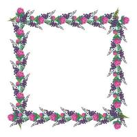 cornice quadrata di fiori di trifoglio rosa e piante selvatiche viola. ghirlanda, pianta luminosa carina con foglie di trifoglio. decorazioni festive per matrimoni, vacanze, biglietti, poster e design. illustrazione piatta vettoriale