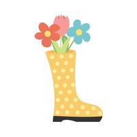 graziosi fiori primaverili in stivali di gomma gialli, elemento di design e decorazione vettore