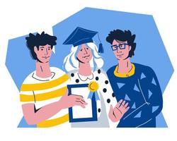 laureati o laureati. gruppo di studenti con diploma o certificato che hanno completato un corso universitario o educativo, illustrazione vettoriale piatta isolata su sfondo bianco.