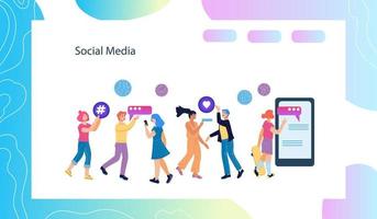 banner web o modello di pagina di destinazione per il concetto di social network con personaggi di persone che utilizzano la tecnologia di comunicazione Internet per la promozione aziendale nei social media. illustrazione vettoriale piatta.
