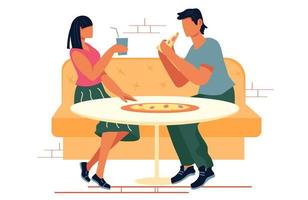 uomo e donna che mangiano pizza in pizzeria, caffè di strada o ristorante fast food, illustrazione vettoriale piatta isolata su bianco.