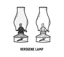 lampada da tavolo a cherosene con stoppino e icona lanterna in vetro vintage, illustrazione lineare vettoriale in stile doodle disegnato a mano