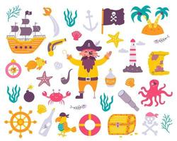 bundle pirata impostato in stile disegnato a mano piatto. pappagallo, nave, tesoro, mappa, abitanti del mare vettore