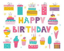 set di compleanno luminoso con un'iscrizione in stile doodle. torte, cupcakes, regali e gelati. design per cartoline, carta da imballaggio, tessuto