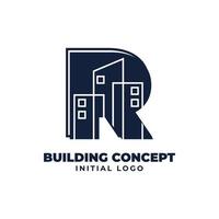 lettera r con design del logo vettoriale iniziale dell'oggetto edilizio adatto per attività immobiliari e immobiliari