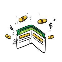 portafoglio di soldi doodle disegnato a mano con dollari di carta verde e monete d'oro illustrazione vettoriale