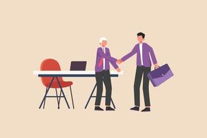 manager e dipendenti si stringono la mano quando i dipendenti vengono assunti. concetto di accordo commerciale. illustrazione vettoriale grafica piatta colorata.