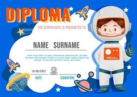 certificato diploma per bambini, modello di asilo layout astronauta acquerello vettore. vettore