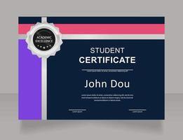 modello di progettazione del certificato dello studente del corso di progettazione grafica. diploma vettoriale con copyspace e bordi personalizzati. documento stampabile per premi e riconoscimenti