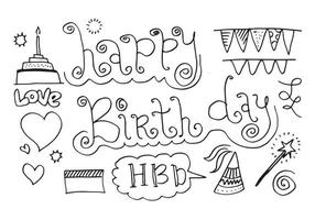 set di oggetti e simboli del fumetto doodle disegnato a mano sulla festa di compleanno. vettore