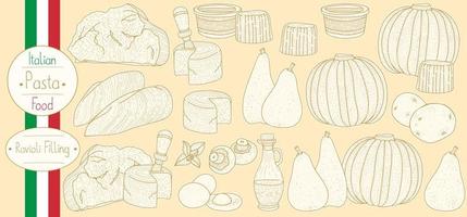 ingredienti principali per il ripieno di pasta ripiena per cucinare ravioli di cibo italiano, illustrazione di schizzi in stile vintage vettore