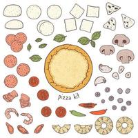 crosta di pizza e condimenti popolari, illustrazione di schizzo vettore