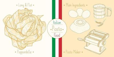 cucinare cibo italiano pappardelle e ingredienti principali e attrezzature per pastai, illustrazione di schizzi in stile vintage vettore