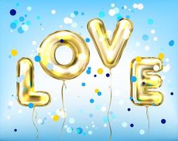 scritte d'amore con palloncini dorati in lamina in coriandoli blu vettore