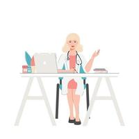 una dottoressa in uniforme bianca si siede alla sua scrivania e dà consigli online. il concetto di medicina online. vettore