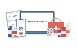 illustrazione di una farmacia online su sfondo bianco. smartphone e laptop con borsa della spesa, forniture mediche, flaconi di liquidi e pillole. spesa in farmacia. vettore