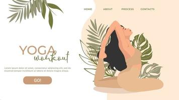 modello di pagina web per scuola di yoga, studio. design moderno per un sito web. donna che fa un esercizio di yoga, posa di yoga. in colori pastello. vettore