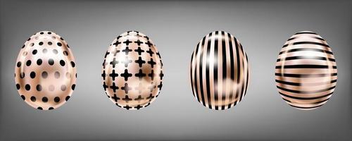 quattro sguardi di uova metalliche di colore rosa con croce nera, strisce, punti. oggetti isolati per la decorazione di pasqua vettore