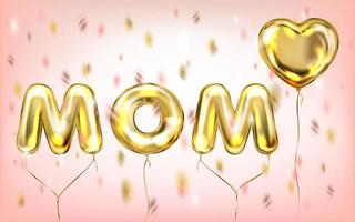 mom love lettering di palloncini dorati in alluminio con coriandoli rosa vettore