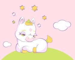 carino piccolo unicorno in una corona di stelle giace in un prato vettore