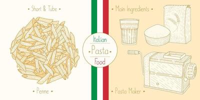 cucina italiana foodtube penne di pasta e ingredienti principali e attrezzature per la pasta, illustrazione di schizzi in stile vintage vettore