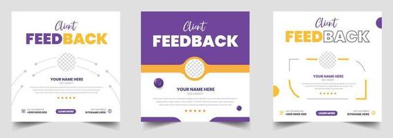 modello di banner web per post sui social media con testimonianze di feedback dei clienti. testimonianze dei clienti modello di progettazione di banner post sui social media con colore blu vettore