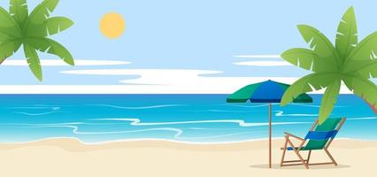 spiaggia con palma e sedia, ombrellone, illustrazione vettoriale delle vacanze estive