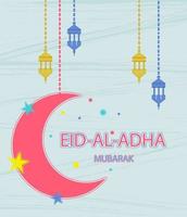 festa del sacrificio eid al adha. biglietto di auguri con stelle, luna e lanterne su sfondo astratto vettore