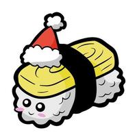 natale kawaii cartone animato tamako sushi sorriso con cappello rosso. illustrazione vettoriale sul cibo giapponese.