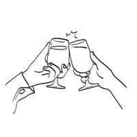 line art closeup coppia con bicchieri di vino rosso con data nel ristorante, facendo toast per amore illustrazione vettore disegnato a mano isolato su sfondo bianco