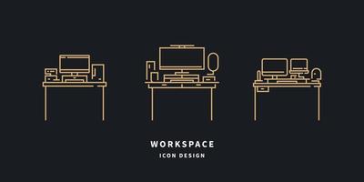 icone dell'area di lavoro. set di contorno scrivania. illustrazione vettoriale. vettore
