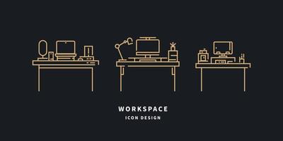 icone dell'area di lavoro. set di contorno scrivania. illustrazione vettoriale. vettore