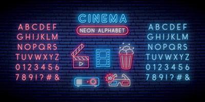 set di insegne al neon per cinema e alfabeto. vettore