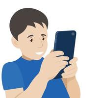 ritratto di un ragazzo con un telefono in mano, vettore piatto, isolato su sfondo bianco, bambino con un gadget, dipendenza da telefono