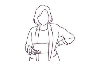 donna d'affari disegnata a mano utilizzando tablet illustraton vettore