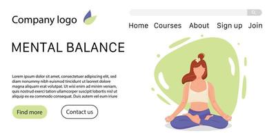 bella illustrazione piatta con donna yoga nella posa del loto per landing page, web marketing design. yoga, concept design di salute mentale per modello di pagina di destinazione. vettore