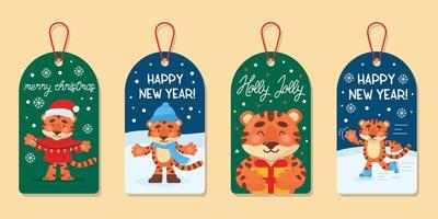 collezione natalizia di tag carini. etichette con tigre divertente del fumetto. illustrazione vettoriale. vettore