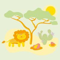 un leone sta sotto un albero tra la calda savana africana. animali e natura in stile piatto cartone animato. illustrazione vettoriale colorata. design per bambini.
